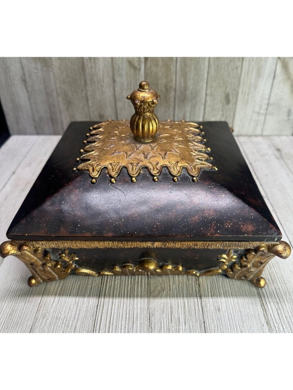 Vtg Decorative Jewelry Box Square w/ Gold Accents & Ornate Detailing 8.5" DIA